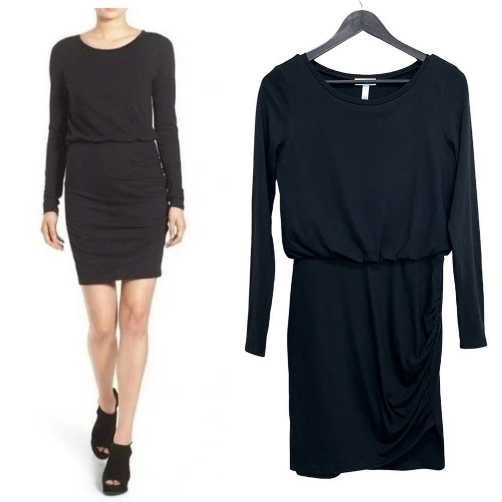 Leith Black Long Sleeve Blouson Ruched Jersey Knit Dress